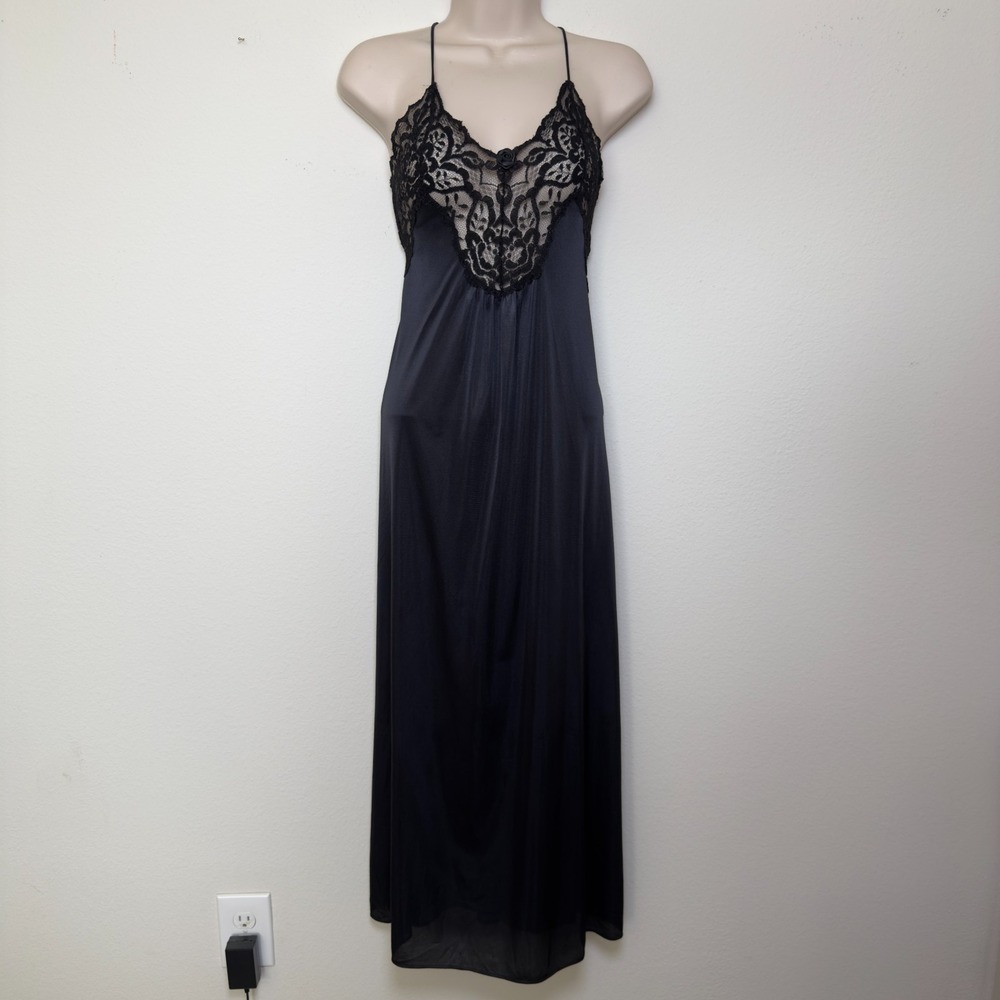 VTG 70s Val‎ Mode Women Whimsigoth Maxi Slip Dress Medium Black Lace Nylon Fairy